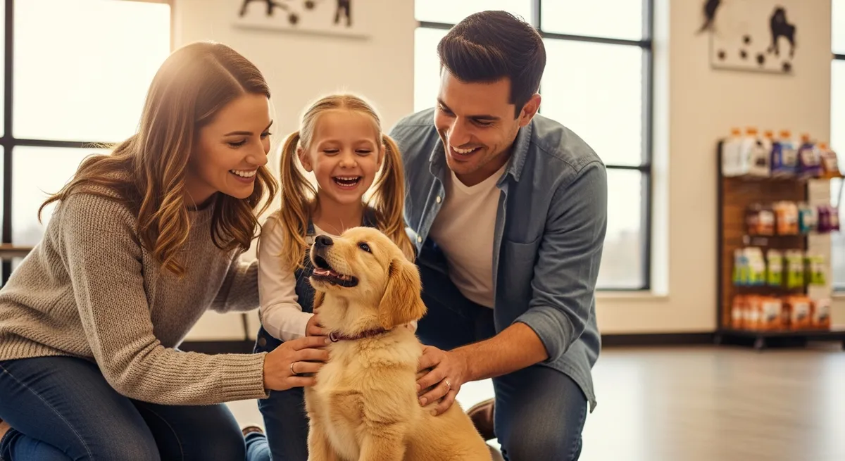 Happy family adopting a pet at a modern shelter