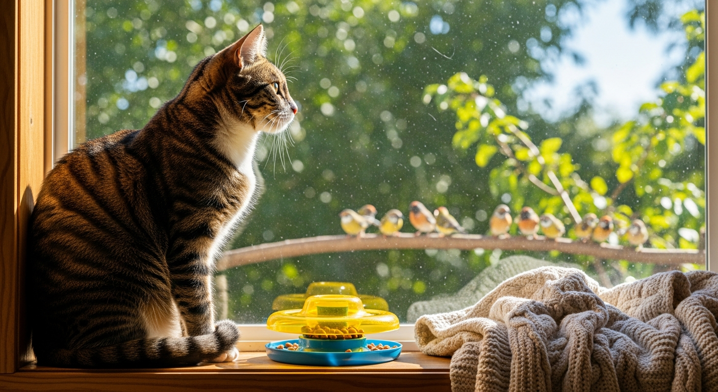 Cats benefit from sensory enrichment like window access and treat puzzles